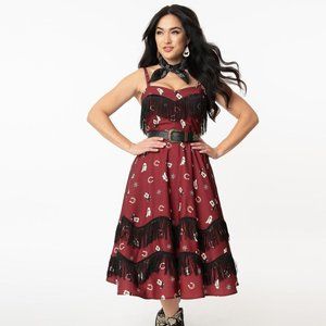 Unique Vintage Burgundy Cowgirl Western Print Pinup Retro Girlie Swing Dress